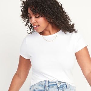Fitted short sleeve cropped rib-knit T-shirt